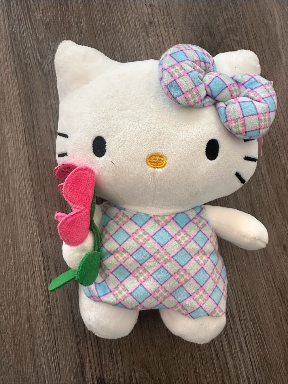 Hello Kitty Plush in White with Pastel Plaid Outfit and Pink Bow